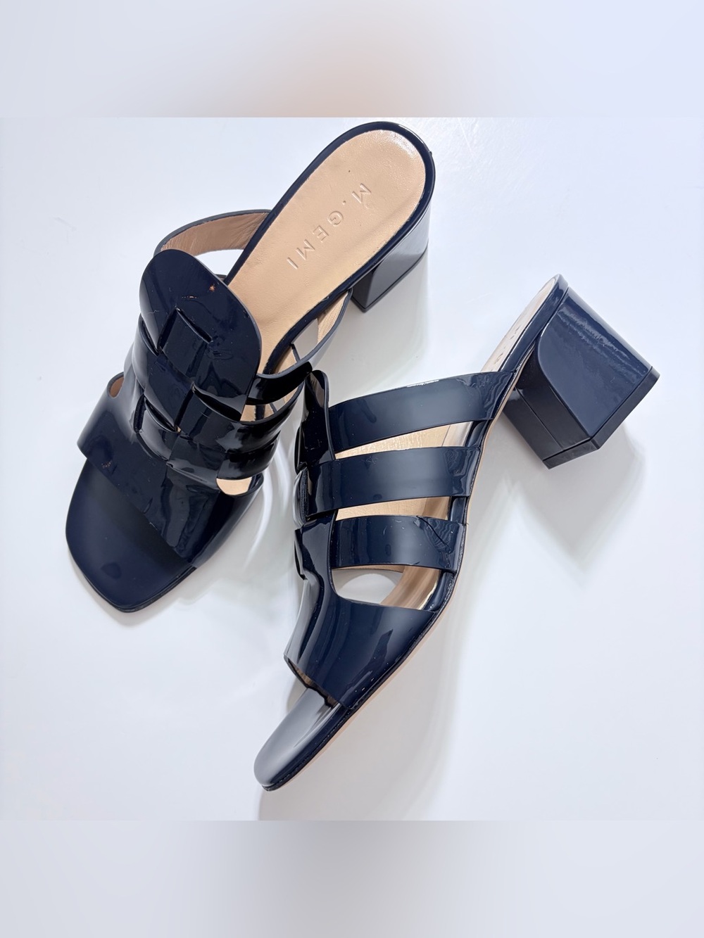 M. Gemi Sandals "The Mare" Sandals Patent Leather Blue Block Heel Slip On 9.5